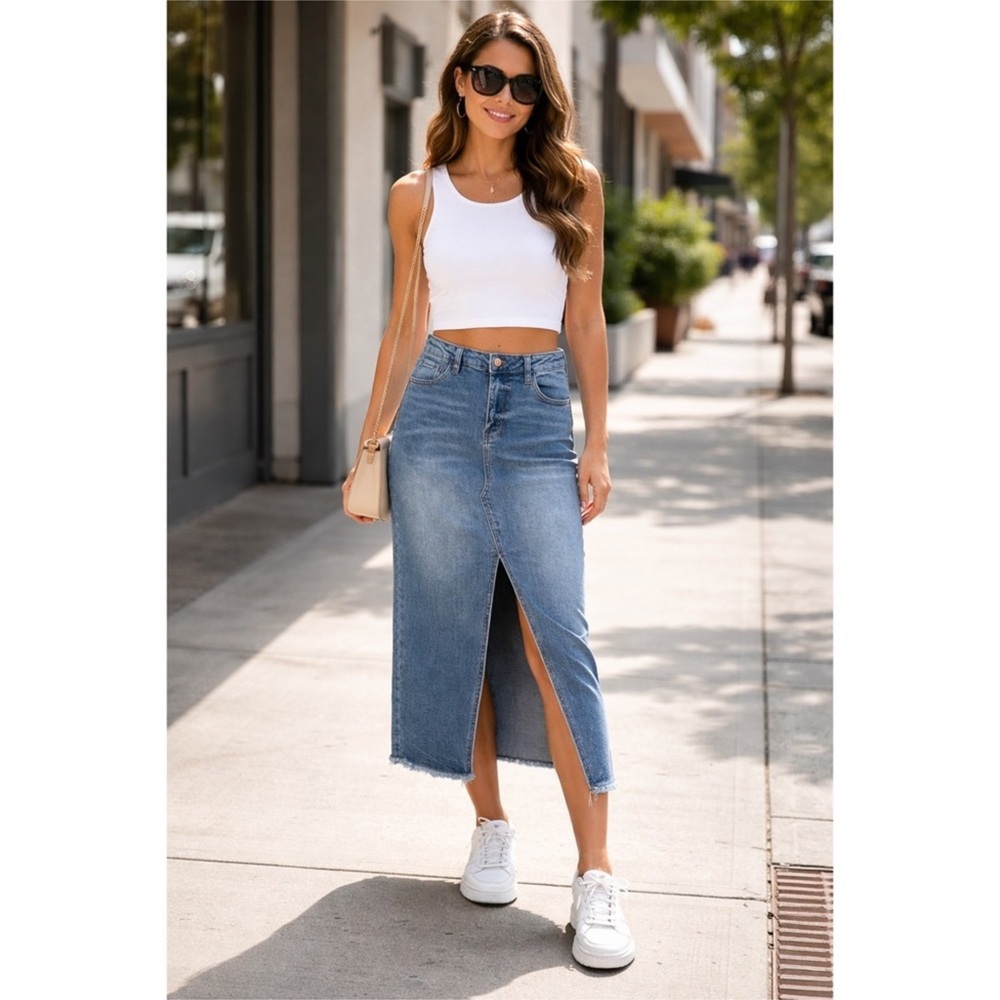 Celebrity Pink Juniors High Rise Denim Midi Skirt Front
Slit Stretch Jean Skirt